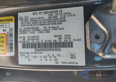 2017 Ford Fusion Se from USA, damaged, VIN 3FA6P0HD3HR269060